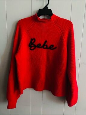 bebe Bright Red Ribbed Logo Turtleneck Sweater